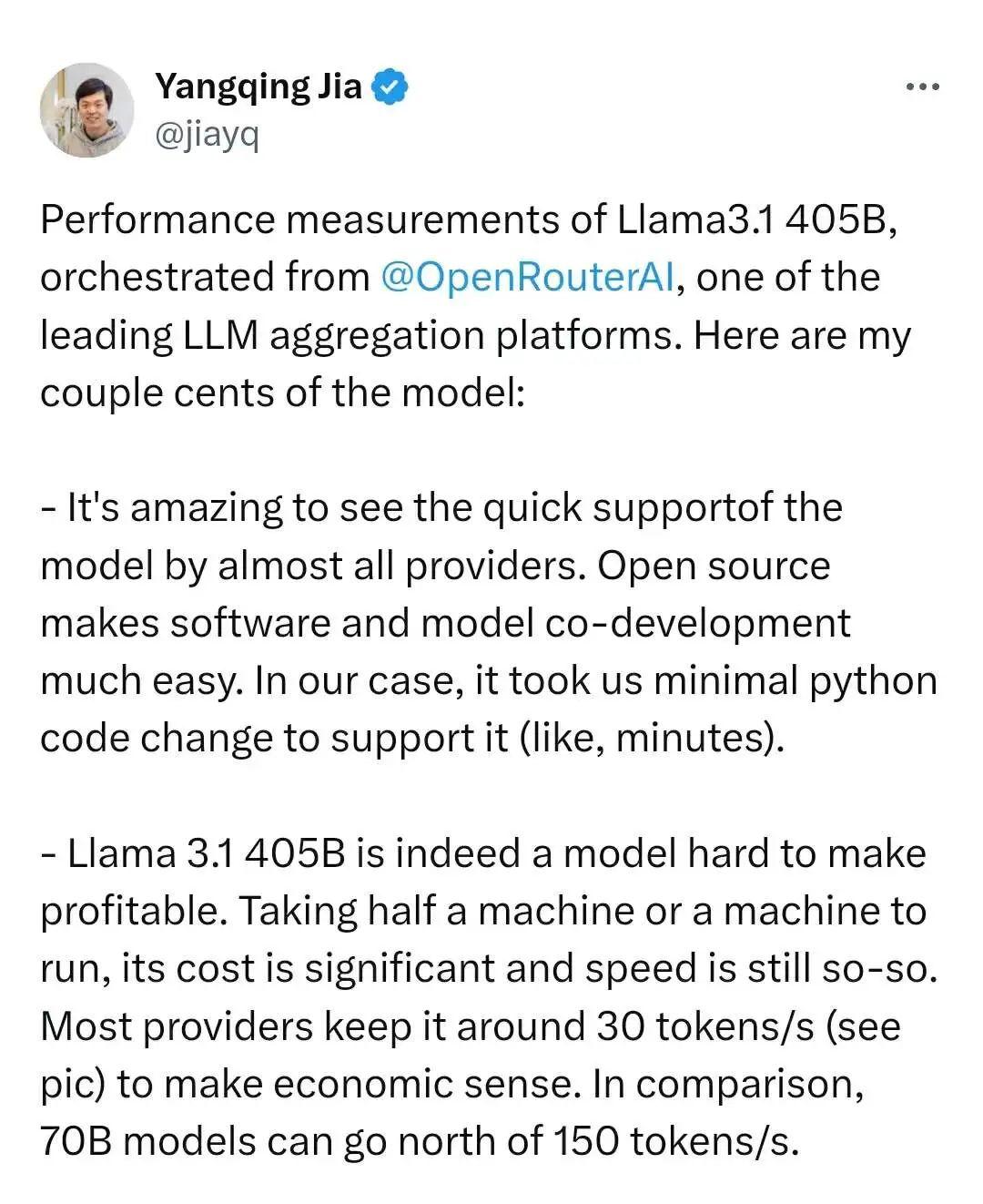 量化成为时代标准！AI大神贾扬清锐评Llama3.1：很难盈利、成本巨高、速度却马马虎虎 转载